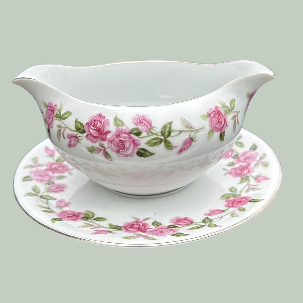 Ancestral Rambler Japan Fine China Gravy Boat Attached Underplate Pink Rose